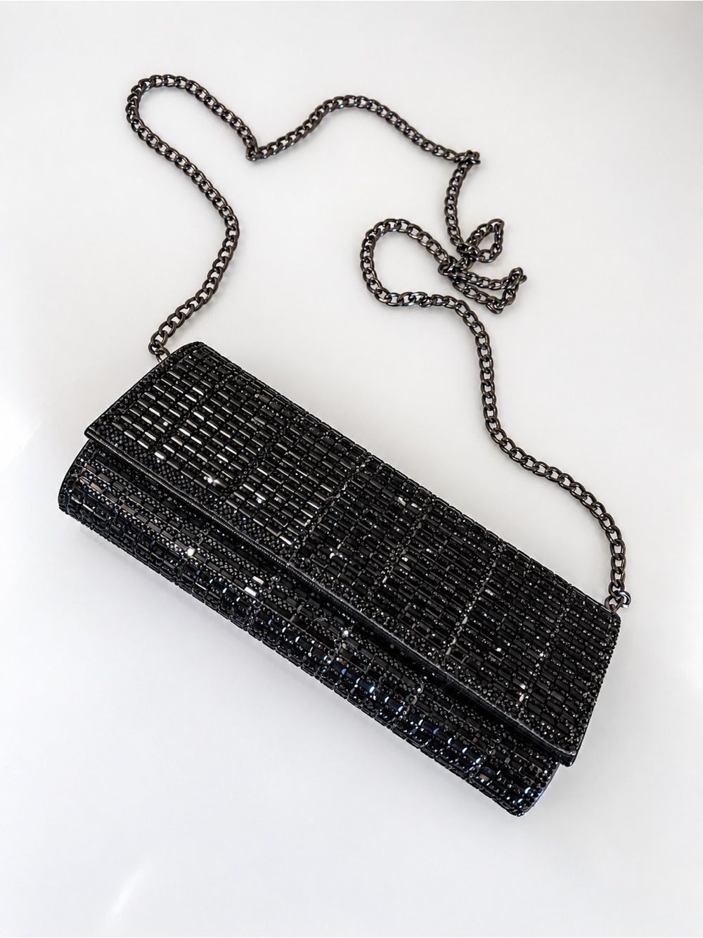 STARLET Black Beaded Evening Bag Gunmetal Chain Shoulder Clutch Y2K